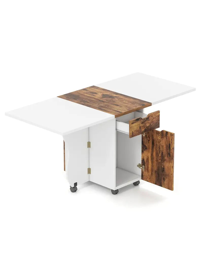 Folding Dining Table 3-in-1 Space-Saving Drop Leaf Kitchen Table with Lockable Wheels-Brown - White - Dining Tables