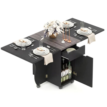Folding Dining Table 3-in-1 Space-Saving Drop Leaf Kitchen Table with Lockable Wheels-Black - Black - Dining Tables