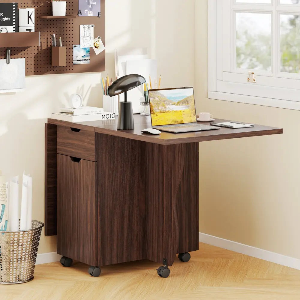 Folding Dining Table 3-in-1 Space-Saving Drop Leaf Kitchen Table with Lockable Wheels-Walnut - Walnut - Dining Tables