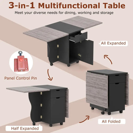 Folding Dining Table 3-in-1 Space-Saving Drop Leaf Kitchen Table with Lockable Wheels-Black - Black - Dining Tables