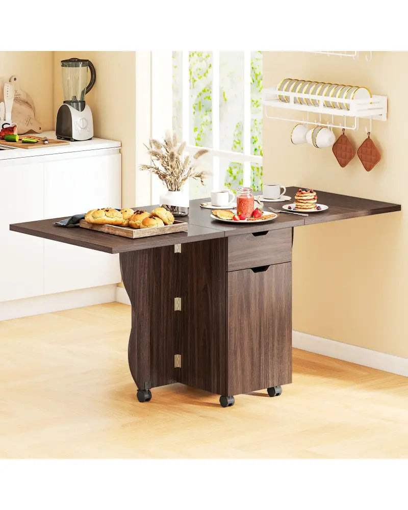 Folding Dining Table 3-in-1 Space-Saving Drop Leaf Kitchen Table with Lockable Wheels-Walnut - Walnut - Dining Tables
