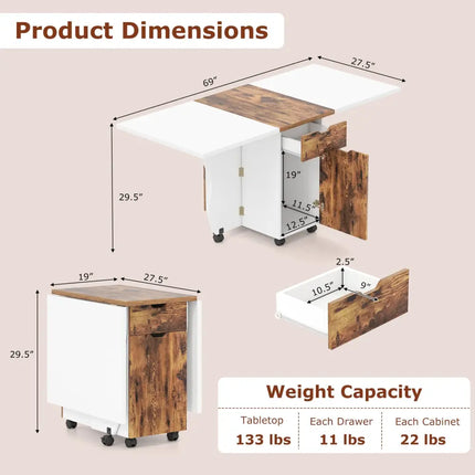 Folding Dining Table 3-in-1 Space-Saving Drop Leaf Kitchen Table with Lockable Wheels-Brown - White - Dining Tables