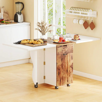 Folding Dining Table 3-in-1 Space-Saving Drop Leaf Kitchen Table with Lockable Wheels-Brown - White - Dining Tables