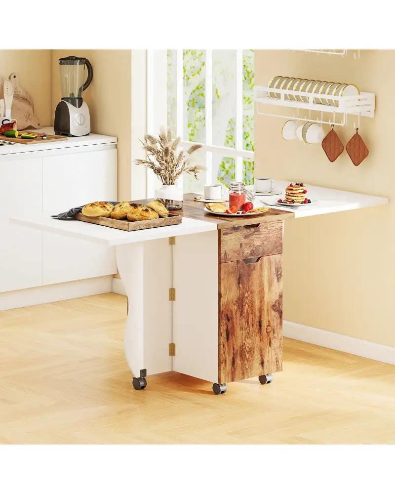 Folding Dining Table 3-in-1 Space-Saving Drop Leaf Kitchen Table with Lockable Wheels-Brown - White - Dining Tables
