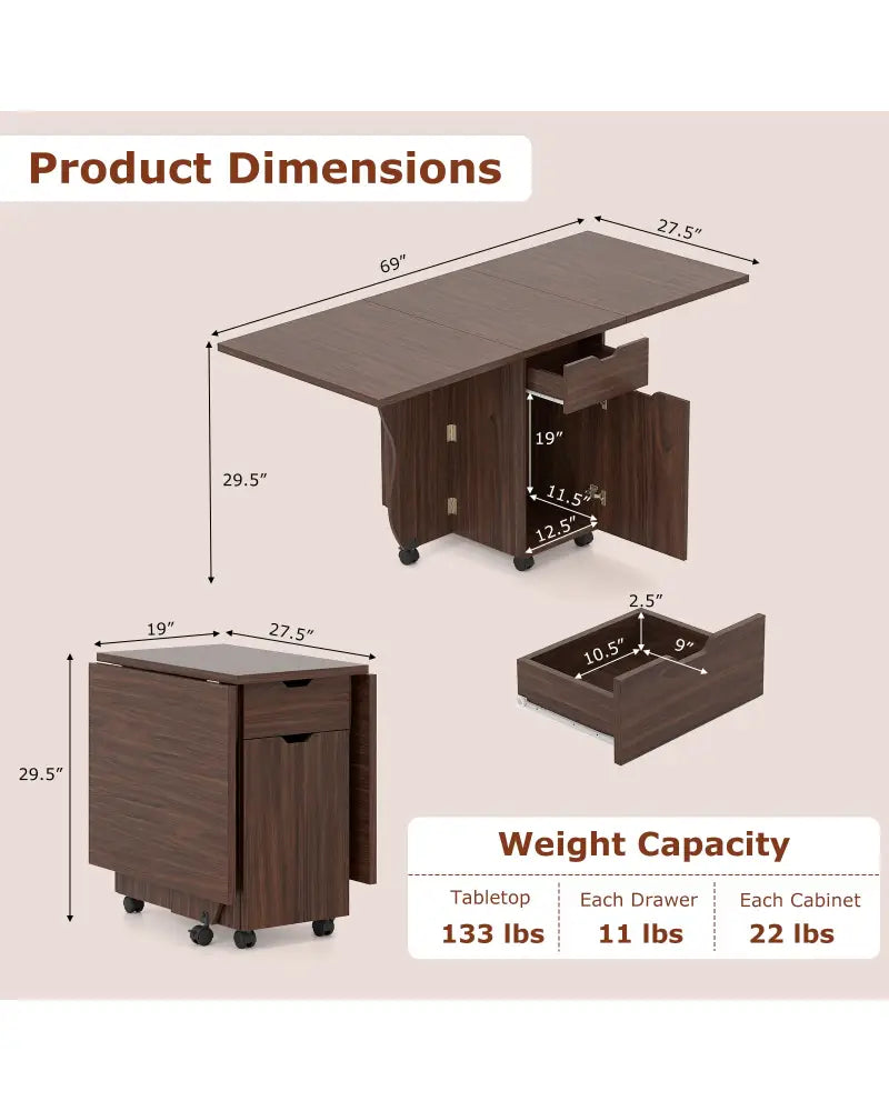 Folding Dining Table 3-in-1 Space-Saving Drop Leaf Kitchen Table with Lockable Wheels-Walnut - Walnut - Dining Tables