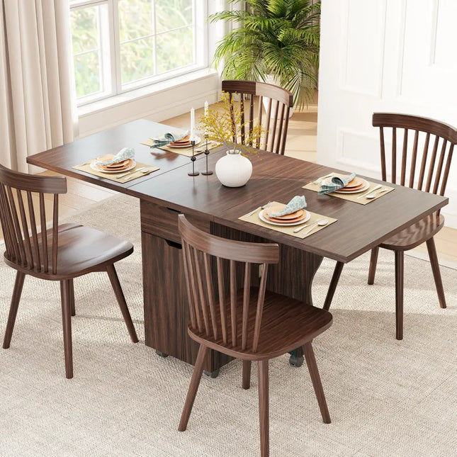 Folding Dining Table 3-in-1 Space-Saving Drop Leaf Kitchen Table with Lockable Wheels-Walnut - Walnut - Dining Tables