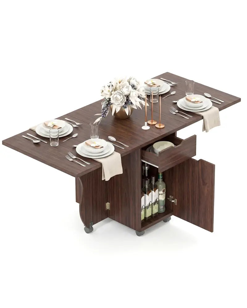 Folding Dining Table 3-in-1 Space-Saving Drop Leaf Kitchen Table with Lockable Wheels-Walnut - Walnut - Dining Tables