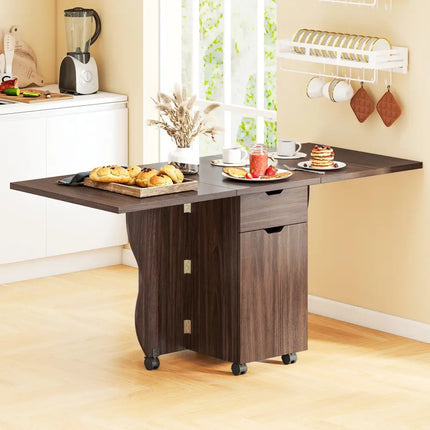 Folding Dining Table 3-in-1 Space-Saving Drop Leaf Kitchen Table with Lockable Wheels-Walnut - Walnut - Dining Tables