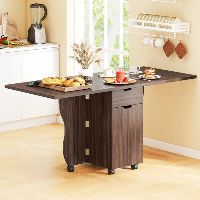 Folding Dining Table 3-in-1 Space-Saving Drop Leaf Kitchen Table with Lockable Wheels-Walnut - Walnut - Dining Tables