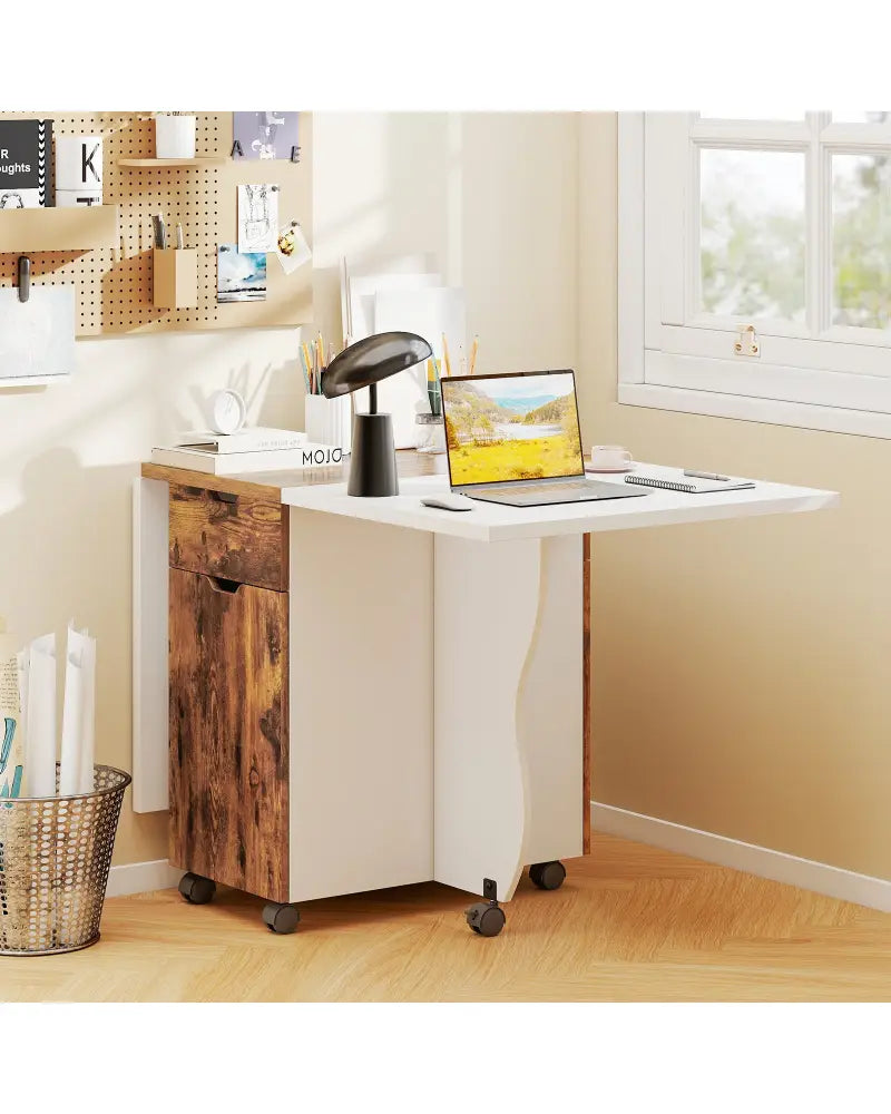Folding Dining Table 3-in-1 Space-Saving Drop Leaf Kitchen Table with Lockable Wheels-Brown - White - Dining Tables