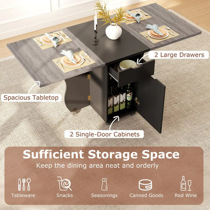 Folding Dining Table 3-in-1 Space-Saving Drop Leaf Kitchen Table with Lockable Wheels-Black - Black - Dining Tables