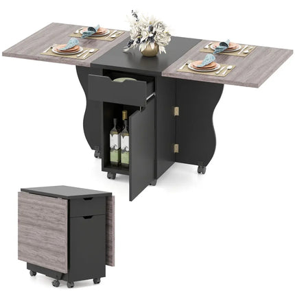 Folding Dining Table 3-in-1 Space-Saving Drop Leaf Kitchen Table with Lockable Wheels-Black - Black - Dining Tables