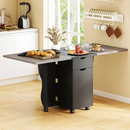 Folding Dining Table 3-in-1 Space-Saving Drop Leaf Kitchen Table with Lockable Wheels-Black - Black - Dining Tables