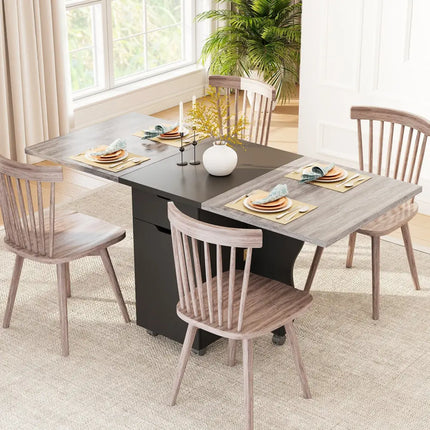 Folding Dining Table 3-in-1 Space-Saving Drop Leaf Kitchen Table with Lockable Wheels-Black - Black - Dining Tables