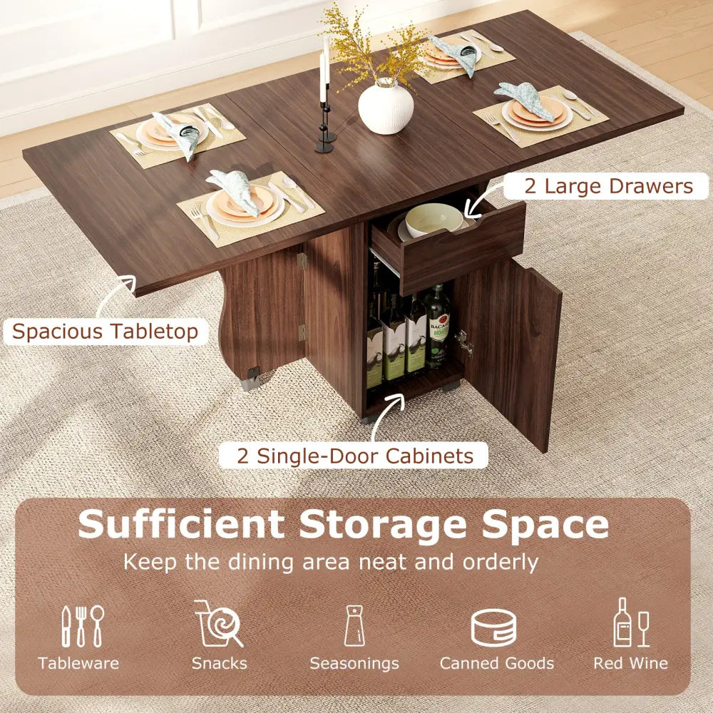 Folding Dining Table 3-in-1 Space-Saving Drop Leaf Kitchen Table with Lockable Wheels-Walnut - Walnut - Dining Tables