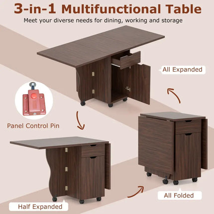 Folding Dining Table 3-in-1 Space-Saving Drop Leaf Kitchen Table with Lockable Wheels-Walnut - Walnut - Dining Tables