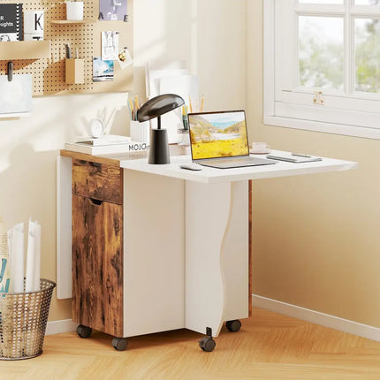 Folding Dining Table 3-in-1 Space-Saving Drop Leaf Kitchen Table with Lockable Wheels-Brown - White - Dining Tables