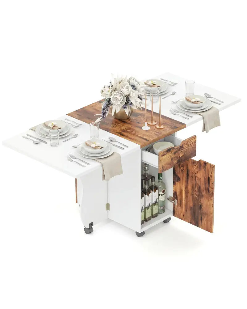 Folding Dining Table 3-in-1 Space-Saving Drop Leaf Kitchen Table with Lockable Wheels-Brown - White - Dining Tables