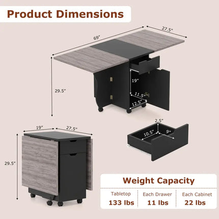 Folding Dining Table 3-in-1 Space-Saving Drop Leaf Kitchen Table with Lockable Wheels-Black - Black - Dining Tables