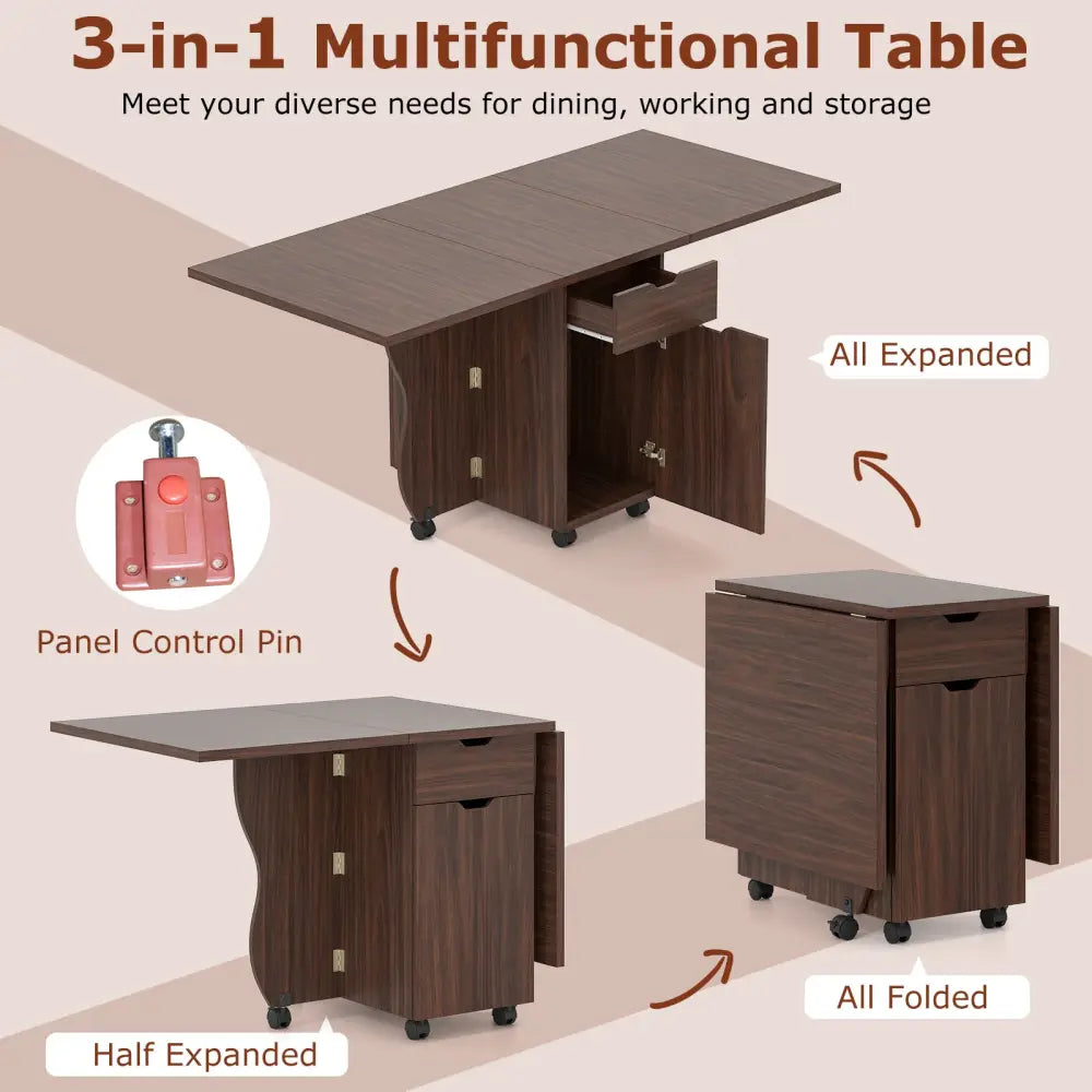 Folding Dining Table 3-in-1 Space-Saving Drop Leaf Kitchen Table with Lockable Wheels-Walnut - Walnut - Dining Tables