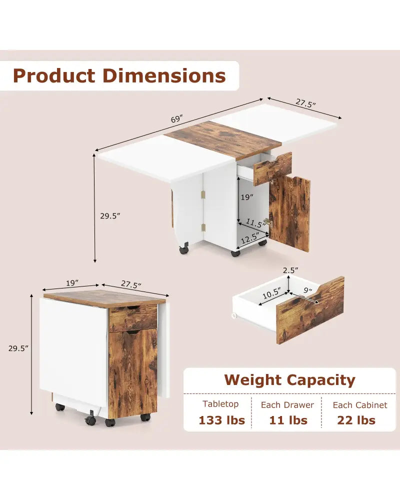 Folding Dining Table 3-in-1 Space-Saving Drop Leaf Kitchen Table with Lockable Wheels-Brown - White - Dining Tables