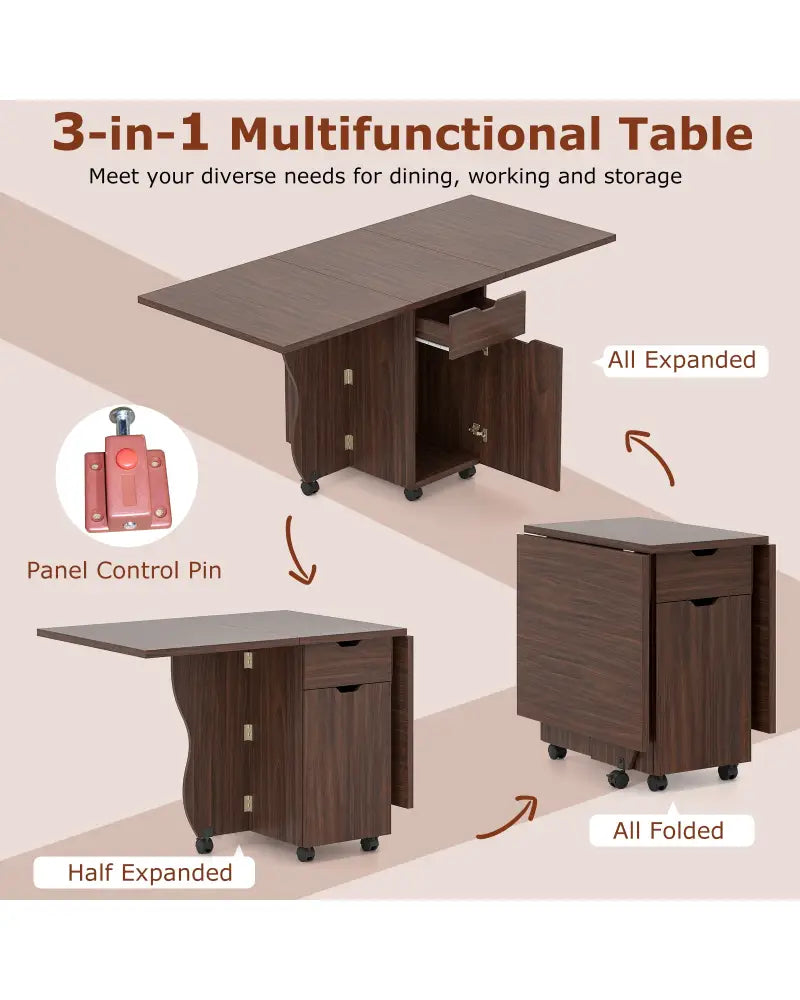 Folding Dining Table 3-in-1 Space-Saving Drop Leaf Kitchen Table with Lockable Wheels-Walnut - Walnut - Dining Tables