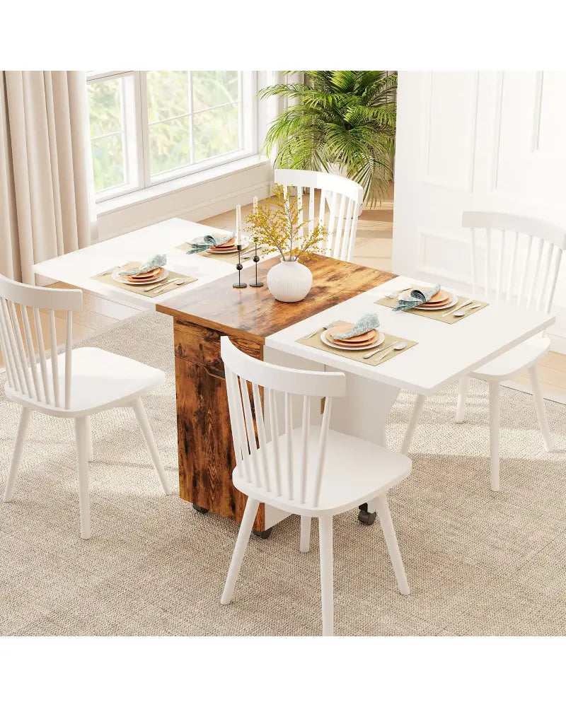 Folding Dining Table 3-in-1 Space-Saving Drop Leaf Kitchen Table with Lockable Wheels-Brown - White - Dining Tables