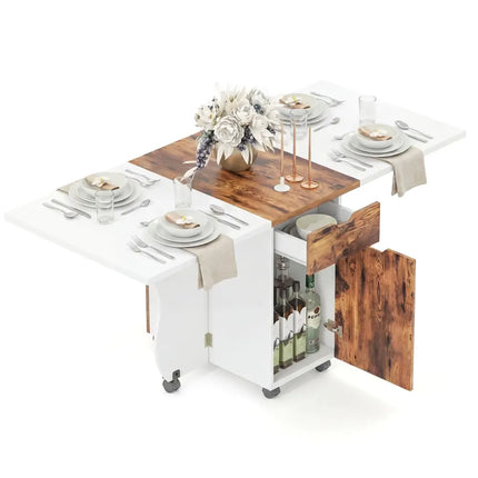 Folding Dining Table 3-in-1 Space-Saving Drop Leaf Kitchen Table with Lockable Wheels-Brown - White - Dining Tables