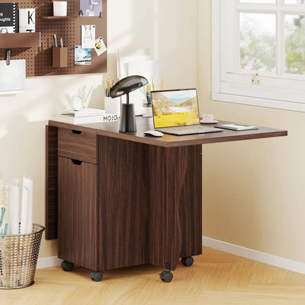 Folding Dining Table 3-in-1 Space-Saving Drop Leaf Kitchen Table with Lockable Wheels-Walnut - Walnut - Dining Tables