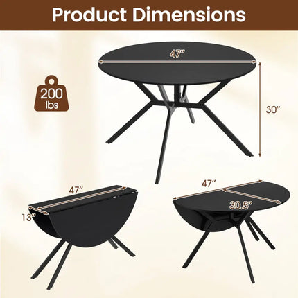 Folding Dining Table 47 Inch Extendable Round Kitchen Table with Drop Leaves-Black - Black - Dining Tables