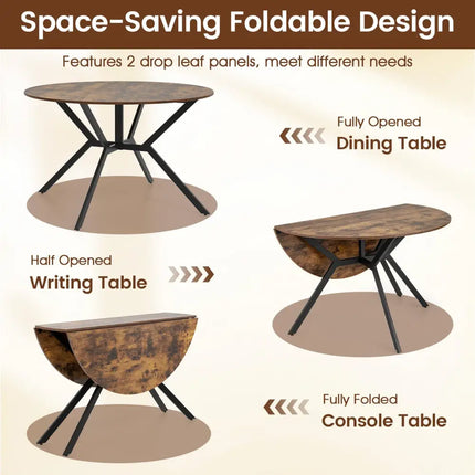 Folding Dining Table 47 Inch Extendable Round Kitchen Table with Drop Leaves-Rustic Brown - Rustic Brown - Dining Tables