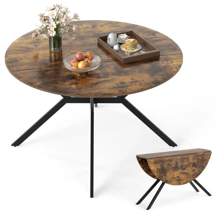 Folding Dining Table 47 Inch Extendable Round Kitchen Table with Drop Leaves-Rustic Brown - Rustic Brown - Dining Tables