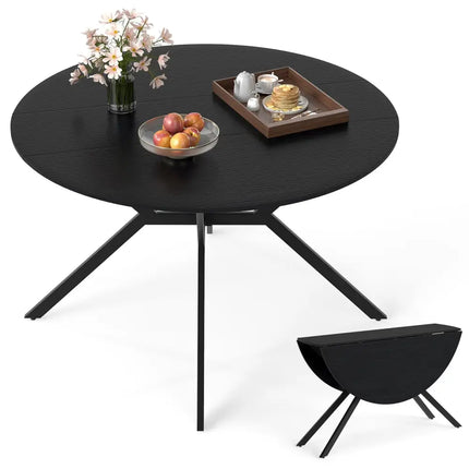 Folding Dining Table 47 Inch Extendable Round Kitchen Table with Drop Leaves-Black - Black - Dining Tables