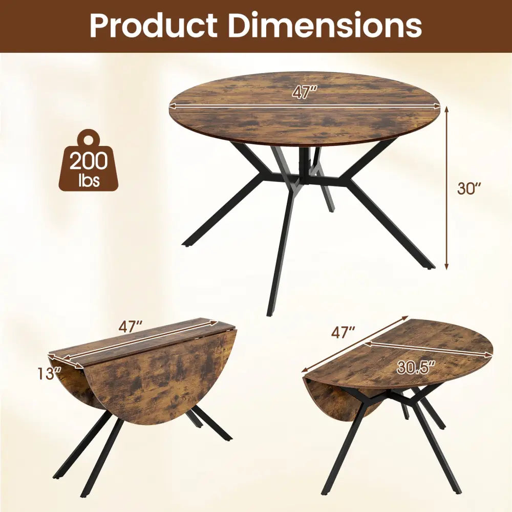 Folding Dining Table 47 Inch Extendable Round Kitchen Table with Drop Leaves-Rustic Brown - Rustic Brown - Dining Tables