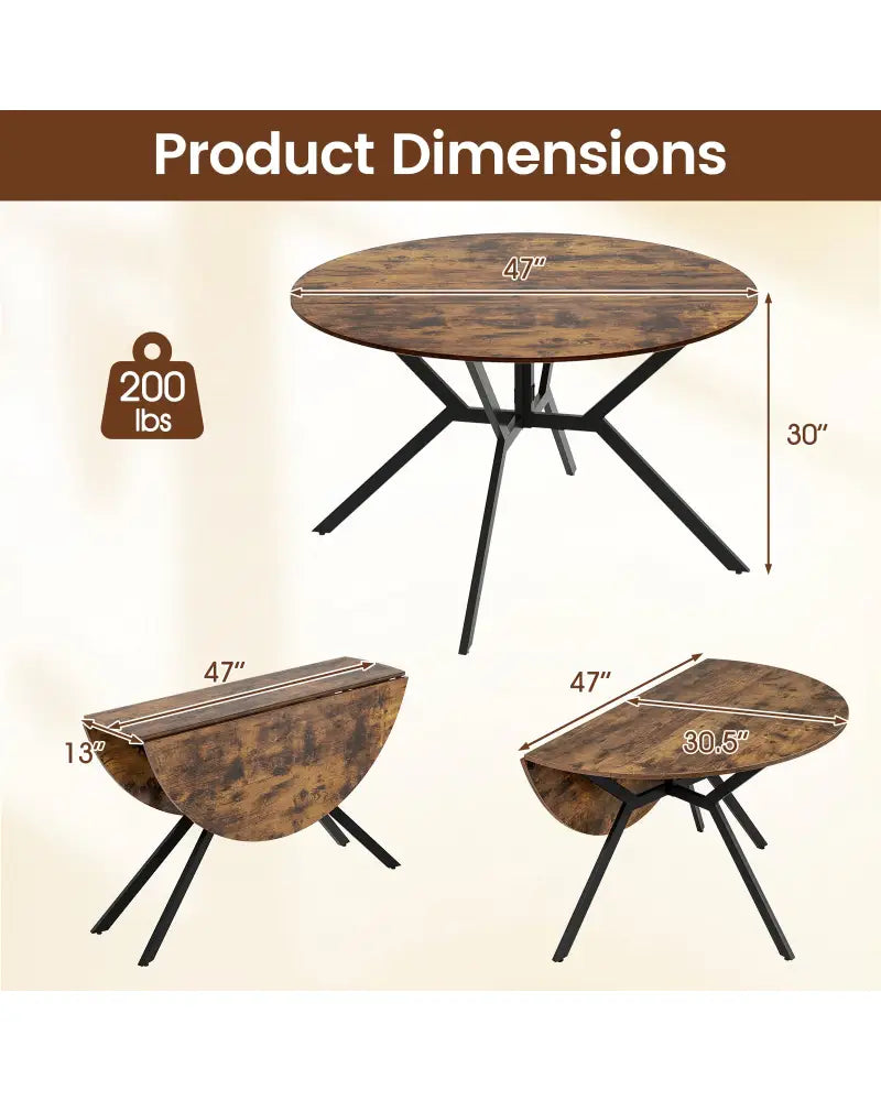 Folding Dining Table 47 Inch Extendable Round Kitchen Table with Drop Leaves-Rustic Brown - Rustic Brown - Dining Tables