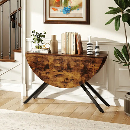 Folding Dining Table 47 Inch Extendable Round Kitchen Table with Drop Leaves-Rustic Brown - Rustic Brown - Dining Tables