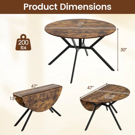 Folding Dining Table 47 Inch Extendable Round Kitchen Table with Drop Leaves-Rustic Brown - Rustic Brown - Dining Tables