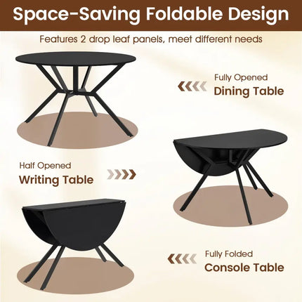 Folding Dining Table 47 Inch Extendable Round Kitchen Table with Drop Leaves-Black - Black - Dining Tables