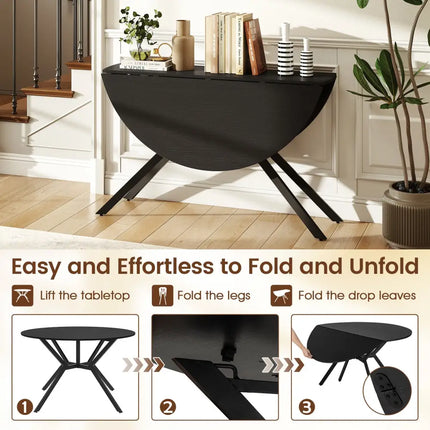 Folding Dining Table 47 Inch Extendable Round Kitchen Table with Drop Leaves-Black - Black - Dining Tables