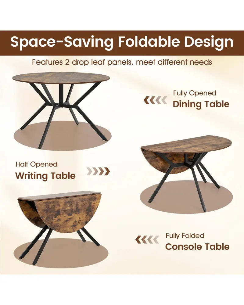 Folding Dining Table 47 Inch Extendable Round Kitchen Table with Drop Leaves-Rustic Brown - Rustic Brown - Dining Tables