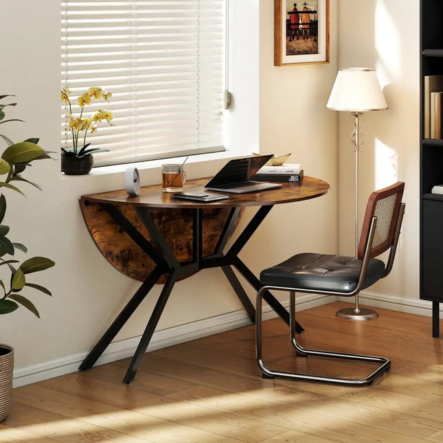 Folding Dining Table 47 Inch Extendable Round Kitchen Table with Drop Leaves-Rustic Brown - Rustic Brown - Dining Tables