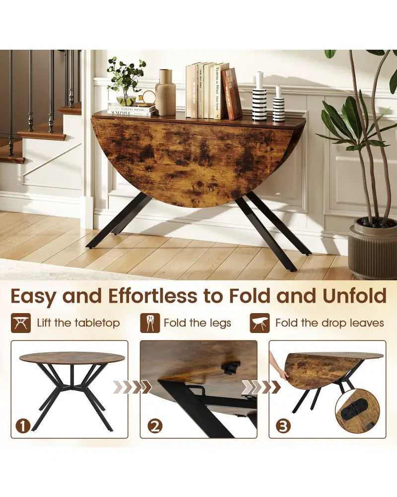 Folding Dining Table 47 Inch Extendable Round Kitchen Table with Drop Leaves-Rustic Brown - Rustic Brown - Dining Tables