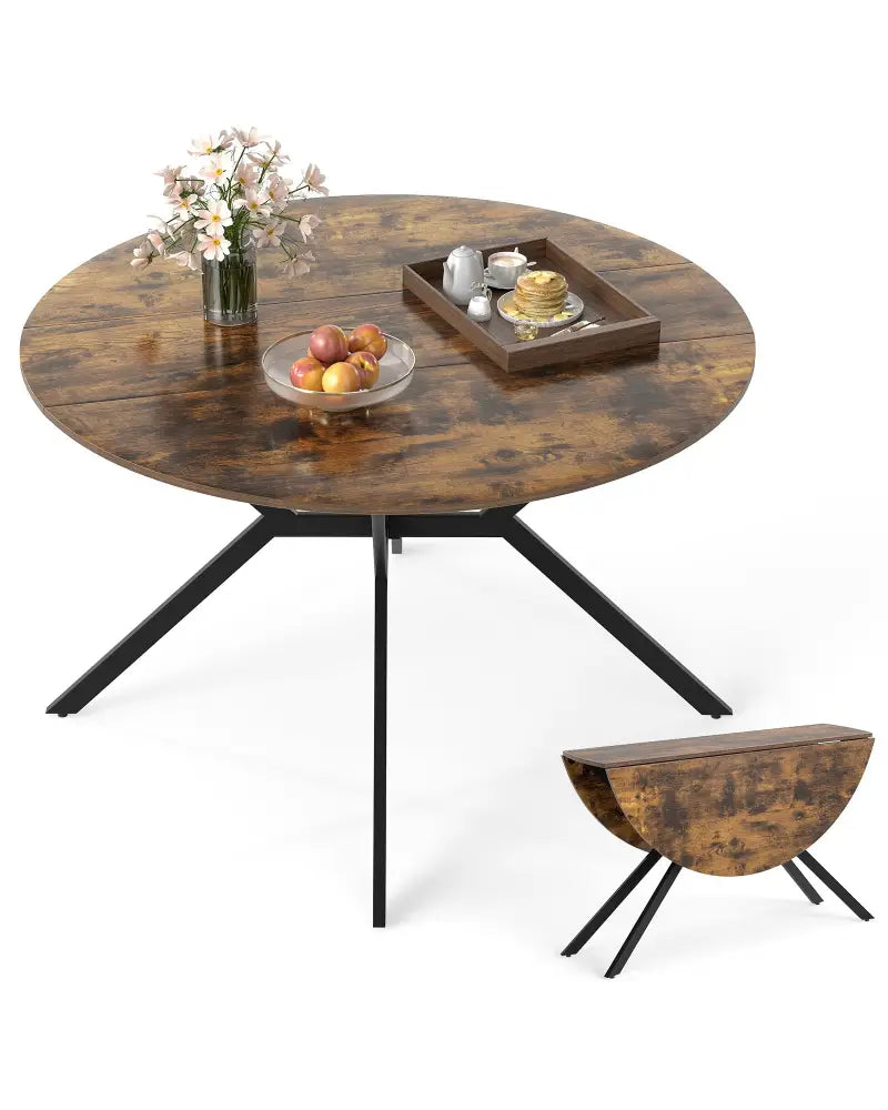 Folding Dining Table 47 Inch Extendable Round Kitchen Table with Drop Leaves-Rustic Brown - Rustic Brown - Dining Tables