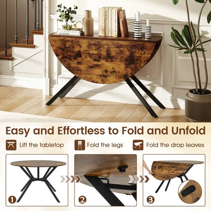 Folding Dining Table 47 Inch Extendable Round Kitchen Table with Drop Leaves-Rustic Brown - Rustic Brown - Dining Tables