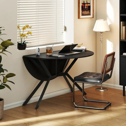Folding Dining Table 47 Inch Extendable Round Kitchen Table with Drop Leaves-Black - Black - Dining Tables