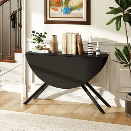 Folding Dining Table 47 Inch Extendable Round Kitchen Table with Drop Leaves-Black - Black - Dining Tables