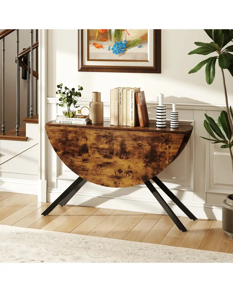 Folding Dining Table 47 Inch Extendable Round Kitchen Table with Drop Leaves-Rustic Brown - Rustic Brown - Dining Tables