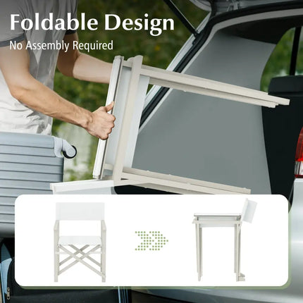 Folding Director Chair with Acacia Wood Frame and Machine Washable Oxford Fabric-Off White - Off White - Patio Dining