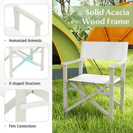 Folding Director Chair with Acacia Wood Frame and Machine Washable Oxford Fabric-Off White - Off White - Patio Dining