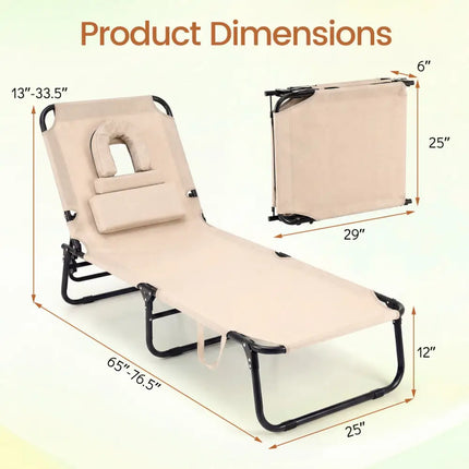 Folding Face Down Tanning Chair with Face Hole 3 Removable Pillows-Beige - Beige - Beach & Lawn Chairs